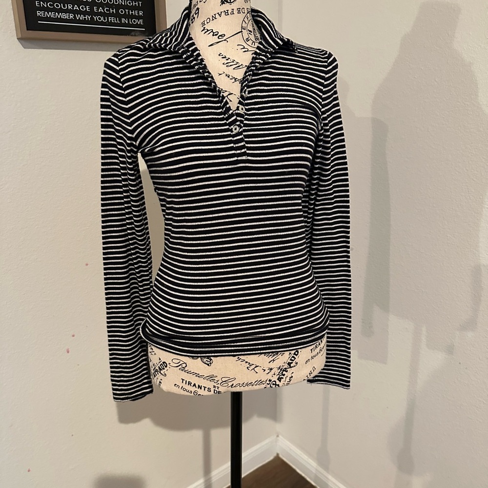 Hollister Black & White Striped Long-Sleeve Polo Top